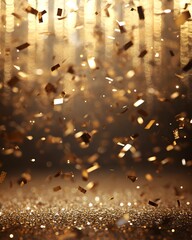 A dazzling display of golden confetti falling against a shimmering backdrop.