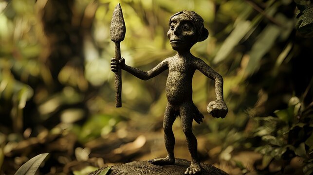 A detailed depiction of a small, humanoid creature holding a spear, surrounded by lush, tropical foliage.