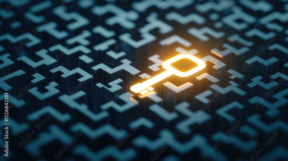 Poster glowing cryptographic key floating in a complex labyrinth of digital patterns and symbols