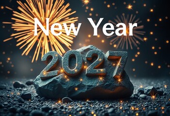 New Year: Stone with sparkling stars in a celebratory Setting
