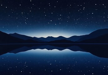 Fototapeta premium A serene lake reflecting the night sky, surrounded by silhouettes of mountains under a starry expanse. 