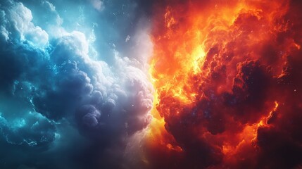 Dual-tone background with angelic clouds on the left in soft blues and whites, contrasting with demonic flames on the right in fiery reds and oranges, creating a striking good vs evil theme 