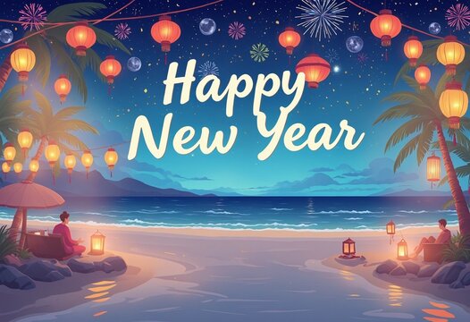 Happy New Year: Tropical beaches with glowing lanterns in a celebratory Setting - Powered by Adobe