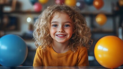 A young girl with curly hair is smiling at the camera