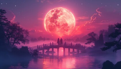 Romantic Qixi Festival Artwork Traditional Chinese Couple on a Bridge