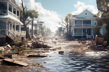 After Powerful tsunami waves crashing into a ruined cityscape, leaving destruction and debris in their wake	
