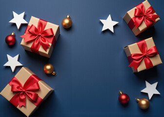 Assorted Christmas Gift Boxes with Red Ribbons, Gold Ornaments, and Decorative Stars on Blue Background