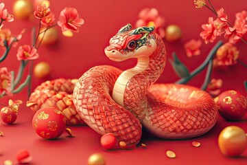 Fototapeta premium Cute snake on red background in Chinese style. Symbol of the new year 2025. Wallpaper, banner, background