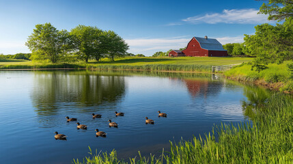A peaceful rural scene with ducks gracefully swimming in a calm pond near a rustic farm, surrounded by green fields, trees, and a red barn in the background under a clear blue sky