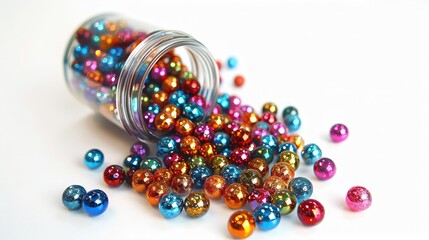 Sparkling Spheres: Bright jar filled with small, shimmering balls in metallic hues on a white transparent background
