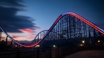 Obraz premium Vividly Illuminated Roller Coaster Against a Dusk Sky, Showcasing Dynamic Red and Blue Lighting with a Dramatic Skyline Background