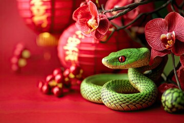 Fototapeta premium Cute snake on red background in Chinese style. Symbol of the new year 2025. Wallpaper, banner, background