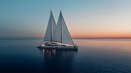 Fototapeta premium A Stunning Modern Yacht Silhouette at Sunset, Showcasing Towering Sails Against a Serene Ocean Background in a Calming Evening Light