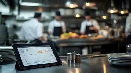 A modern kitchen with chefs, a tablet displaying analytics, and organized plates.