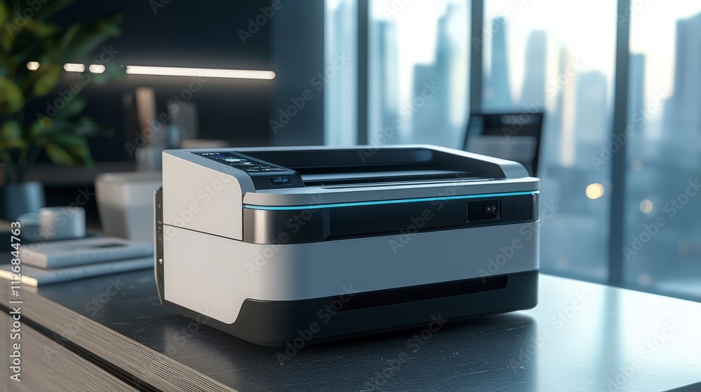 Poster Efficient document management office environment printer with automatic document feeder modern workspace professional usage