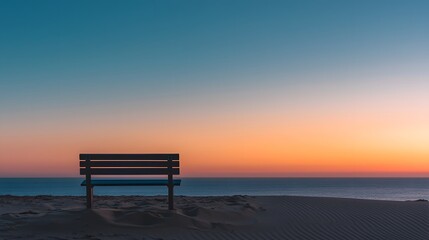 Solitary Bench on Sandy Dune Overlooking Tranquil Seaside at Dusk, Surrounded by Calm Waters and Vibrant Sky Colors Transitioning from Day to Night
