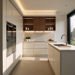Modern Minimalist Kitchen Close-up shot of beige cabinets and walnut wood open shelves with LED lighting under natural light