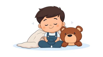 A child in overalls cuddling with a soft blanket and a plush toy