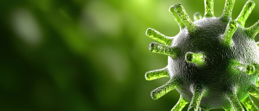 Close-up view of a green virus with intricate details, showcasing its unique structure under a microscope.