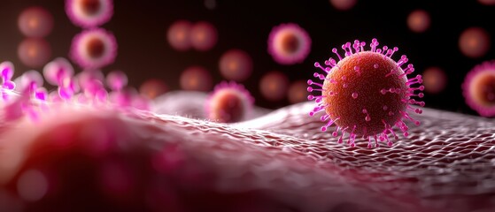 Close-up view of colorful virus particles on a textured surface, illustrating microscopic life.