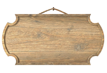 Blank rustic wooden sign with rope isolated with transparent background