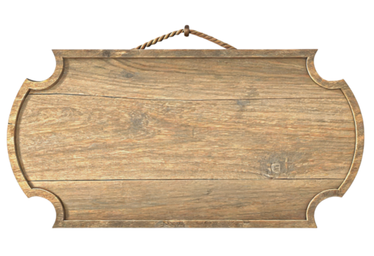 Blank rustic wooden sign with rope isolated with transparent background