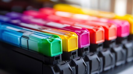 Office setting close-up colorful printer toner cartridges in a creative photography concept
