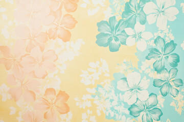 A pastel background with overlapping floral designs in soft teal, pale yellow, and muted peach on a clean surface.