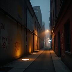 Fototapeta premium A moody urban cityscape at night featuring an alleyway shrouded in swirling fog
