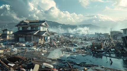 Fototapeta premium After Powerful tsunami waves crashing into a ruined cityscape, leaving destruction and debris in their wake 