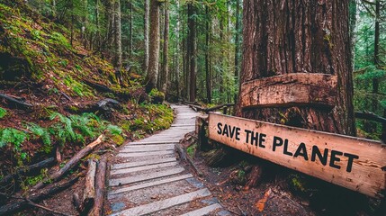 A serene forest path leading past a large tree with a 'Save the Planet' sign, surrounded by lush greenery.