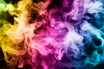 Obraz premium A vivid color smoke background of glowing neon plumes in magenta, cyan, and bright yellow, radiating vividly.