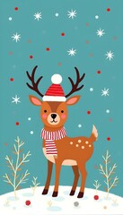 Naklejka premium Adorable Reindeer in Winter Wonderland Christmas Scene