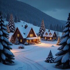 Snowy Christmas village illustration showcasing illuminated houses trees and characters