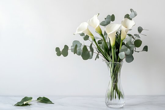 A bouquet of white calla lilies and eucalyptus in a glass vase