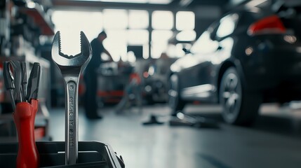 Close-up of a wrench in an auto repair shop with a mechanic working on a vehicle in the background.