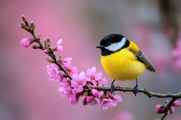 Obraz premium vibrant yellow-breasted bird perches gracefully on a branch of blooming pink cherry blossoms against a soft pink background, evoking the freshness and beauty of springtime
