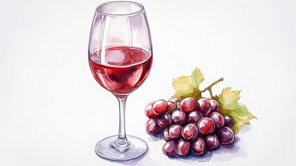 Watercolor Painting of Red Wine and Grapes