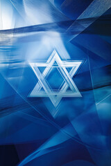 Obraz premium striking abstract design in various shades of blue features a prominent Star of David at the center, symbolizing cultural identity and spirituality. The background includes layered textures and light 