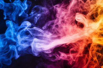 A vibrant color smoke background with dramatic swirling patterns of deep blue, magenta, and orange over a dark void.