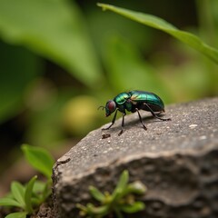 Naklejka premium A vibrant illustration of an emerald-green fly beetle perched on a rock amidst a natural setting