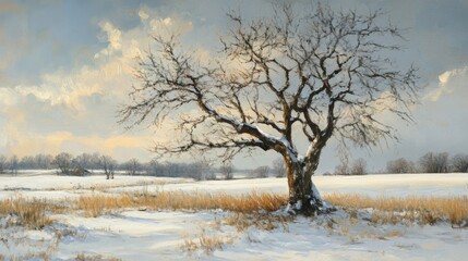 Winter Landscape with Snow Covered Tree and Field