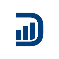 This is a flat logo design of a capital D with three graph bars on it in blue color combination that looks clean on a white background