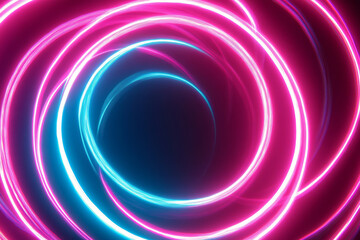 An abstract digital background of radiant, swirling neon spirals in magenta and cyan over a black backdrop.