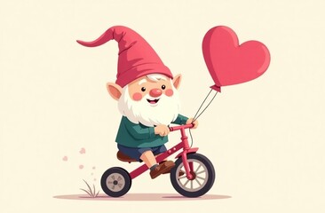 illustration. A cute cartoon dwarf with a white beard and a pink hat rides a children's tricycle and carries balloons in the shape of hearts as a gift. Valentine's Day Greeting Card