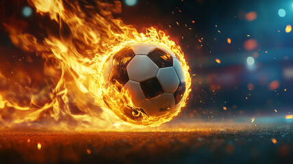 Fototapeta premium Fiery Soccer Ball in Motion with Flames Banner or background 