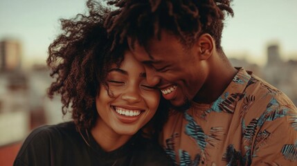 Obraz premium Young couple together at rooftop smiling