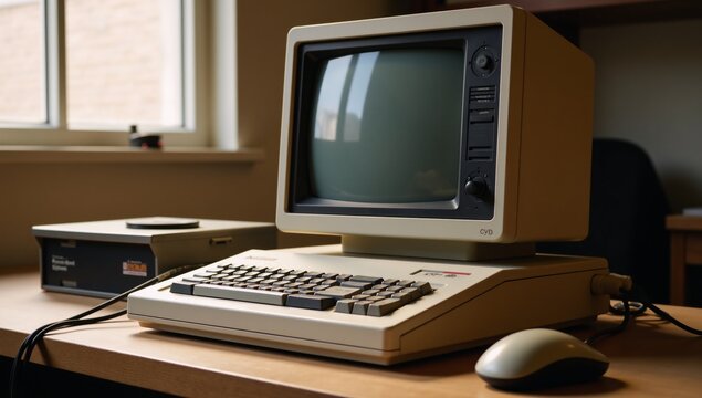 A vintage personal computer with retro CRT monitor and floppy disk system