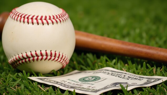 Symbolic baseball scene with ball bat and dollar bill on a grassy field depicting the business aspect of sporting events