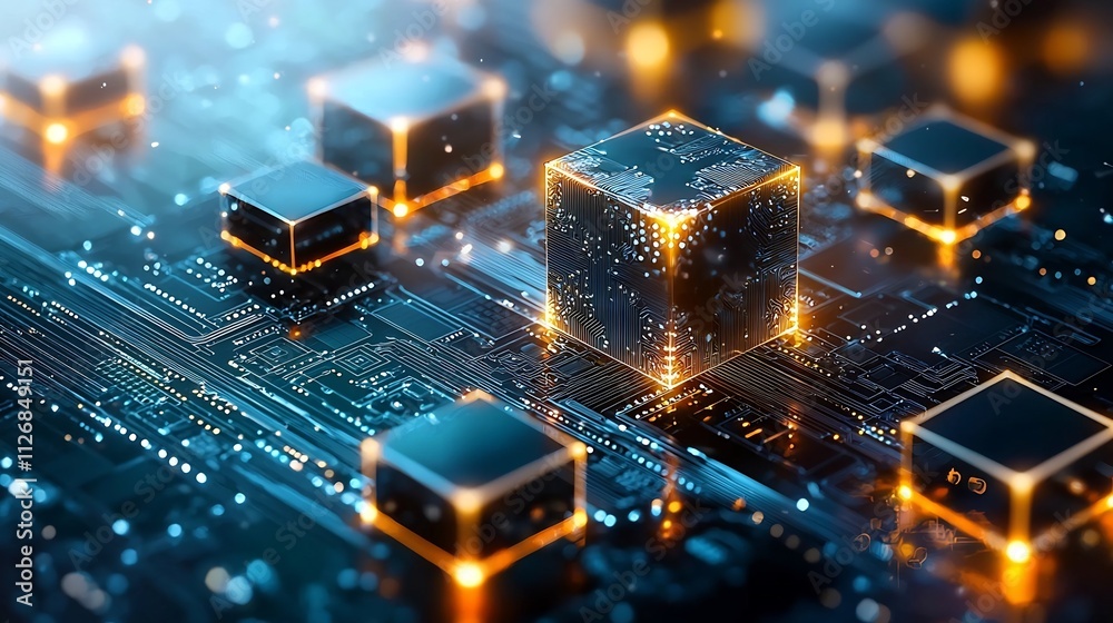 Poster blockchain network visualization with glowing cubes and neon lines set against a futuristic cityscap